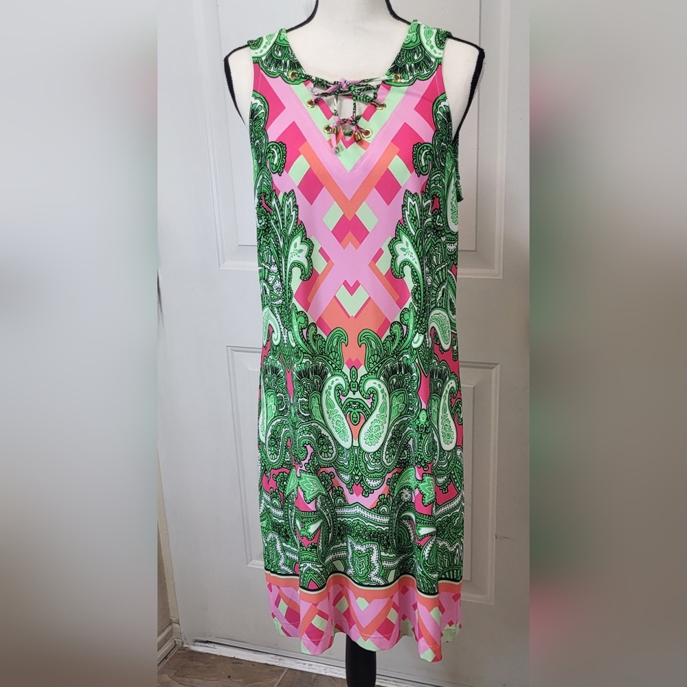 Ivy Lane Paisley Lace-Up Stretchy Sleeveless Shift Dress Size M Colorful